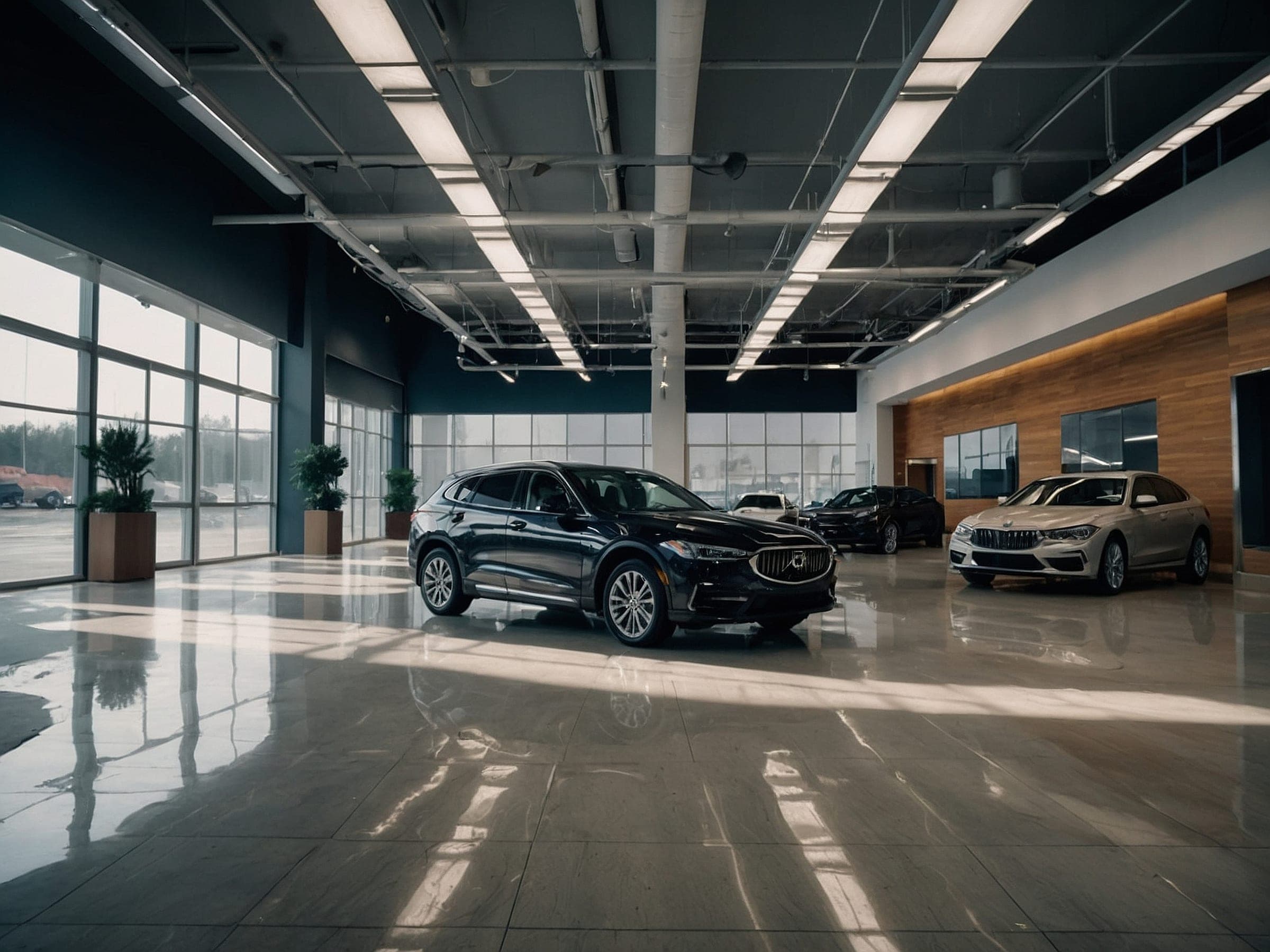Showroom auto modern cu automobile expuse și pereți de sticlă