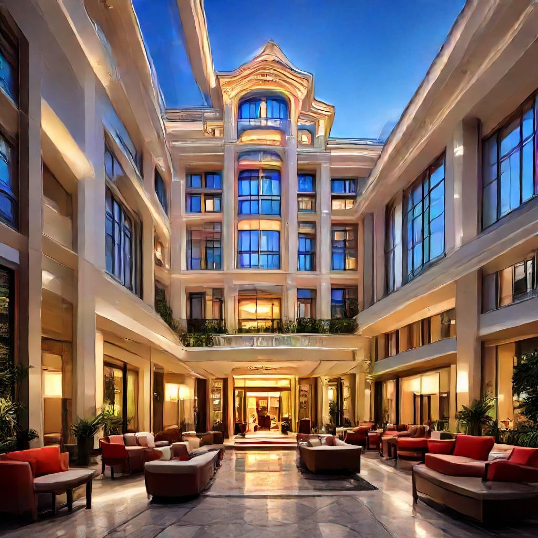 Fațada unui hotel elegant, cu ferestre luminate la apus