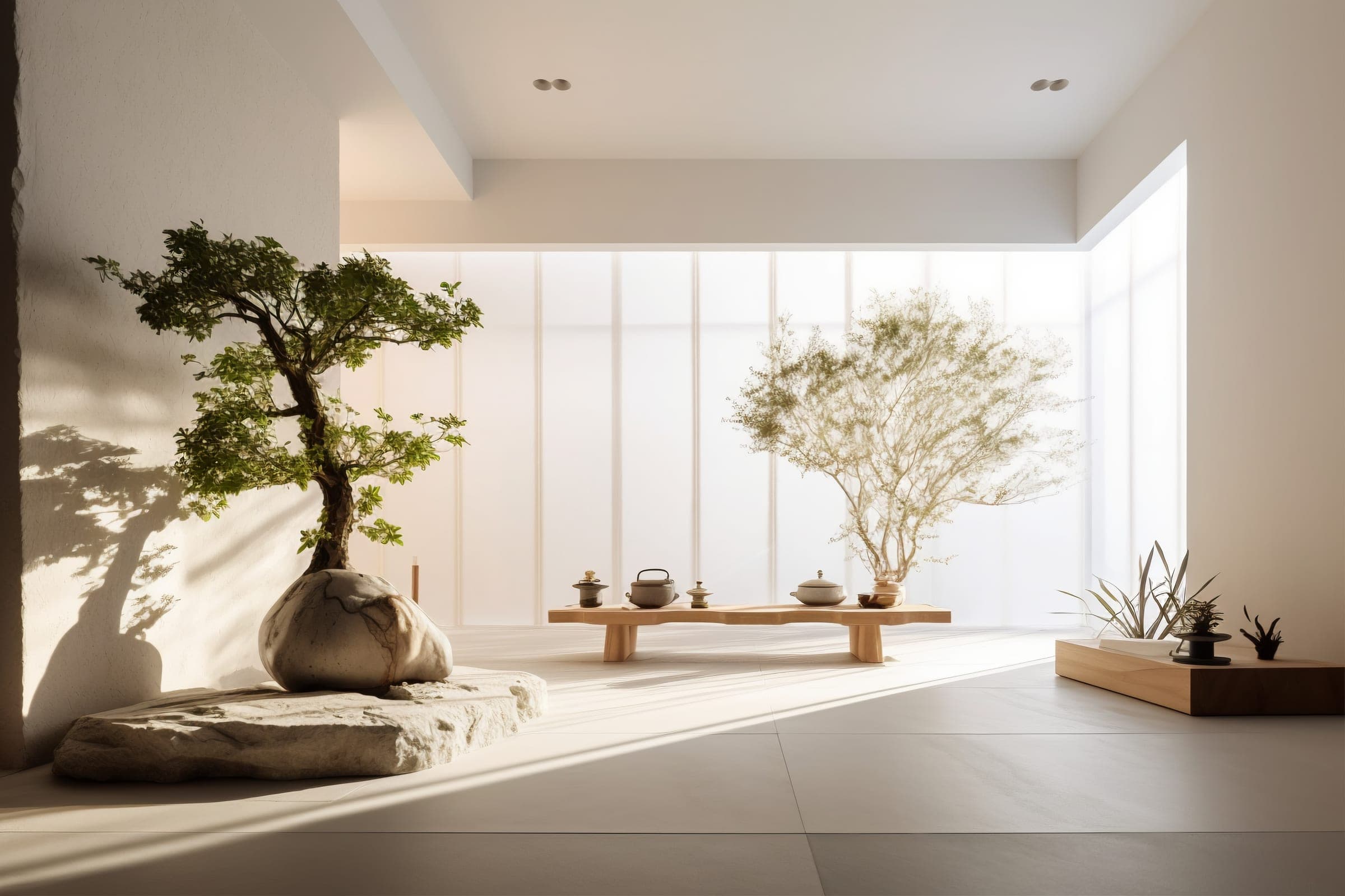 Spațiu interior minimalist cu bonsai și lumină naturală