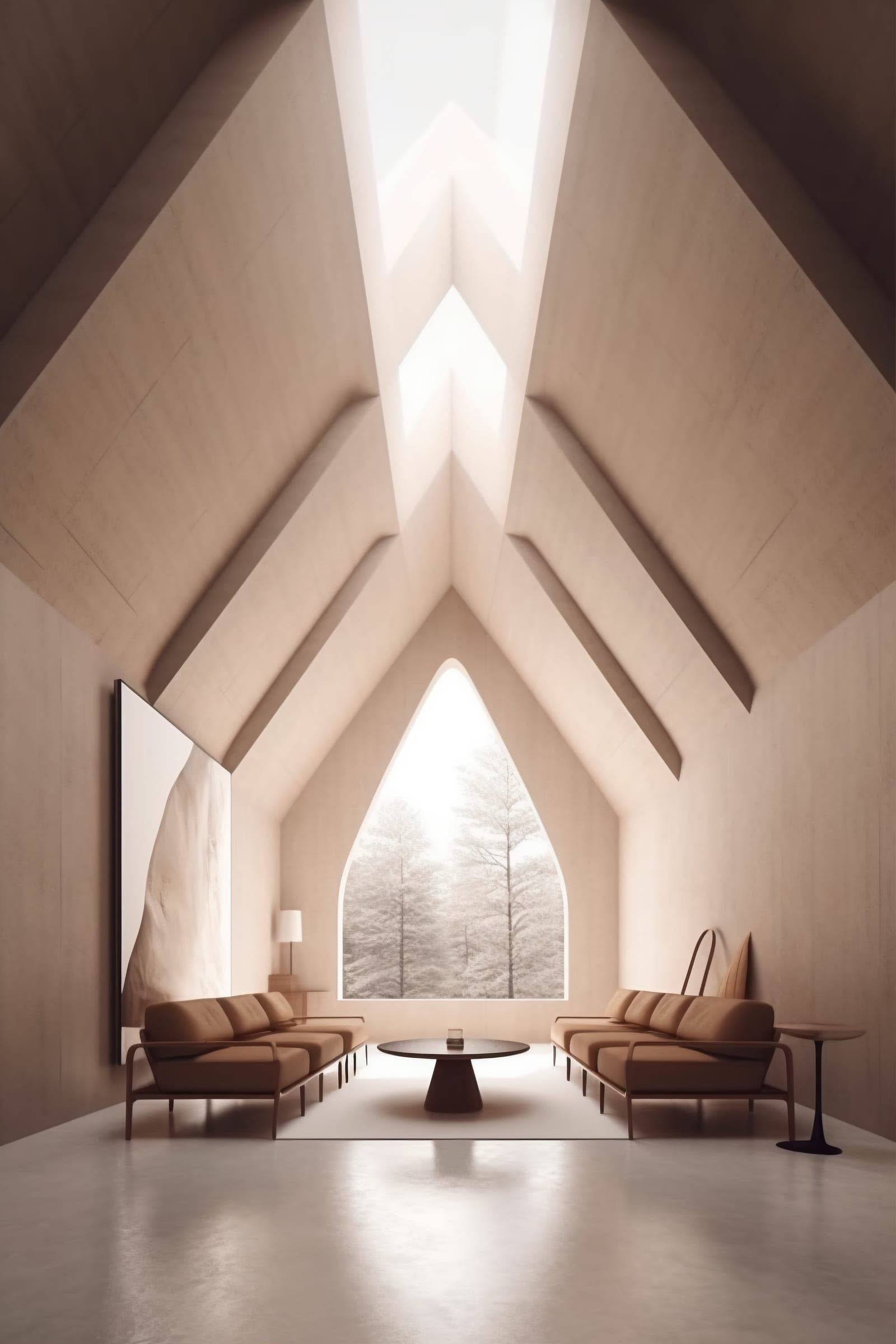 Interior minimalist luminos, cu arcade albe și lumină naturală