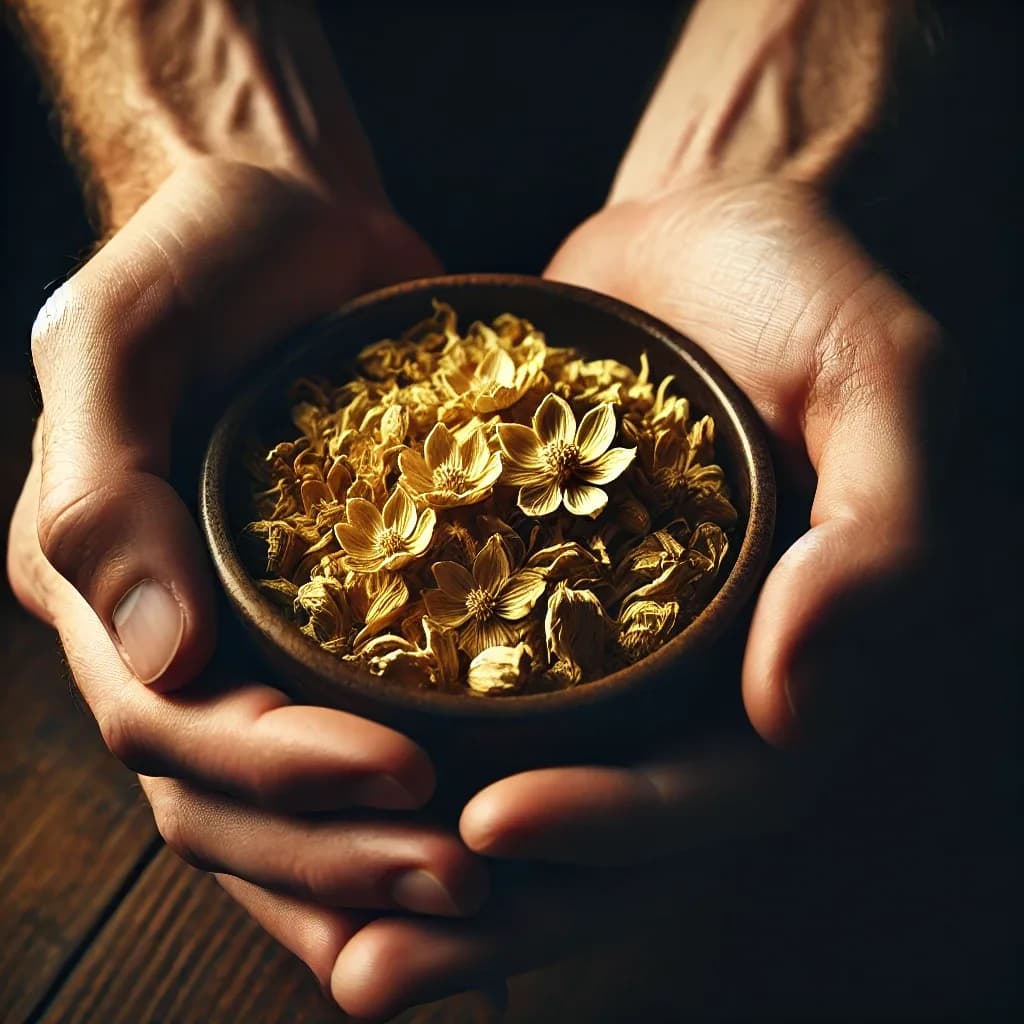 Mâini care țin un bol cu petale de flori uscate, ingrediente de parfumerie