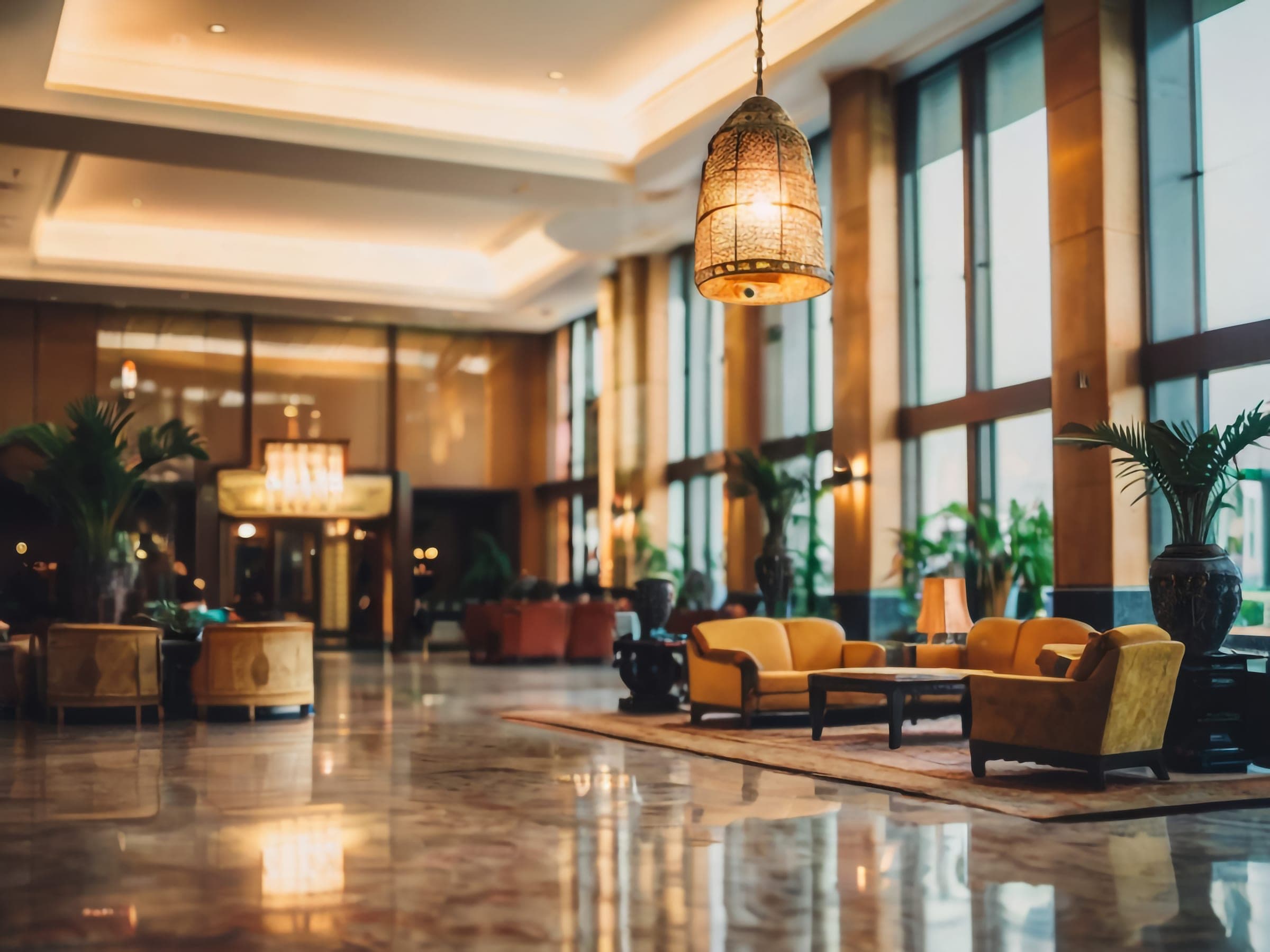 Lobby de hotel elegant cu podea de marmură și lumină caldă