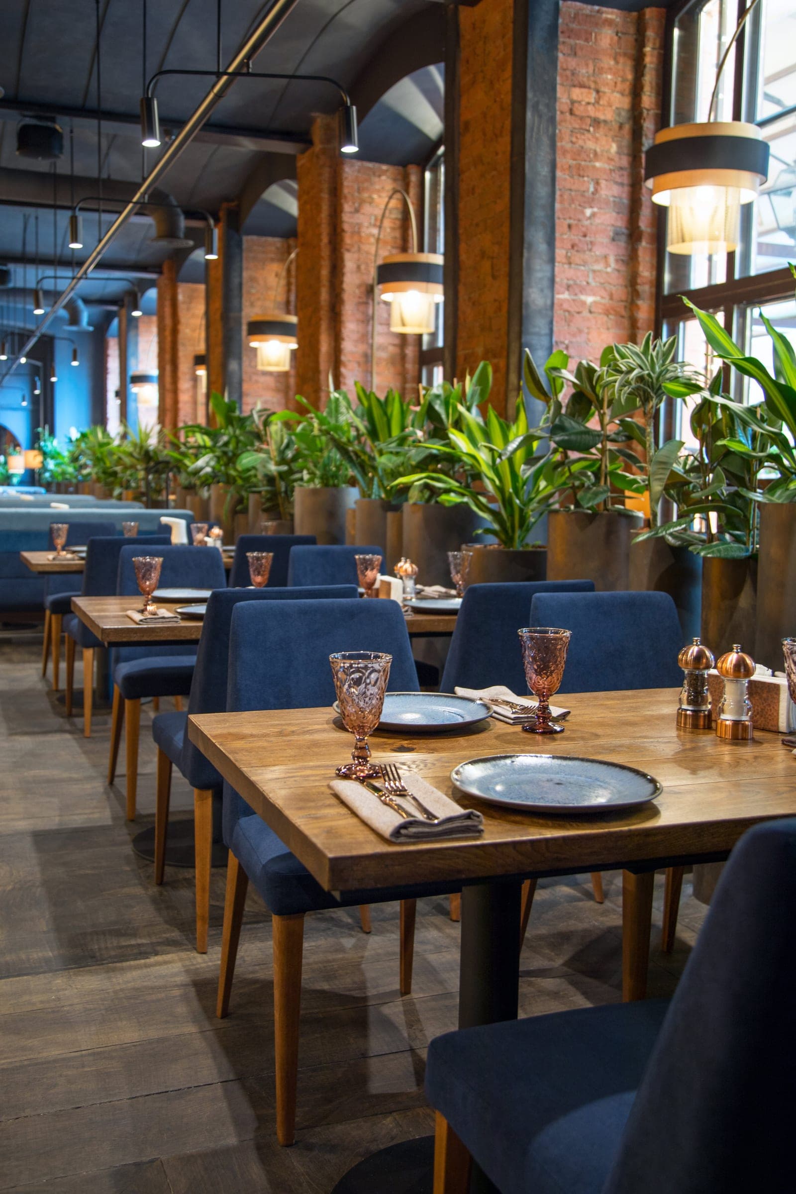 Restaurant elegant cu mese de lemn, scaune albastre și plante verzi
